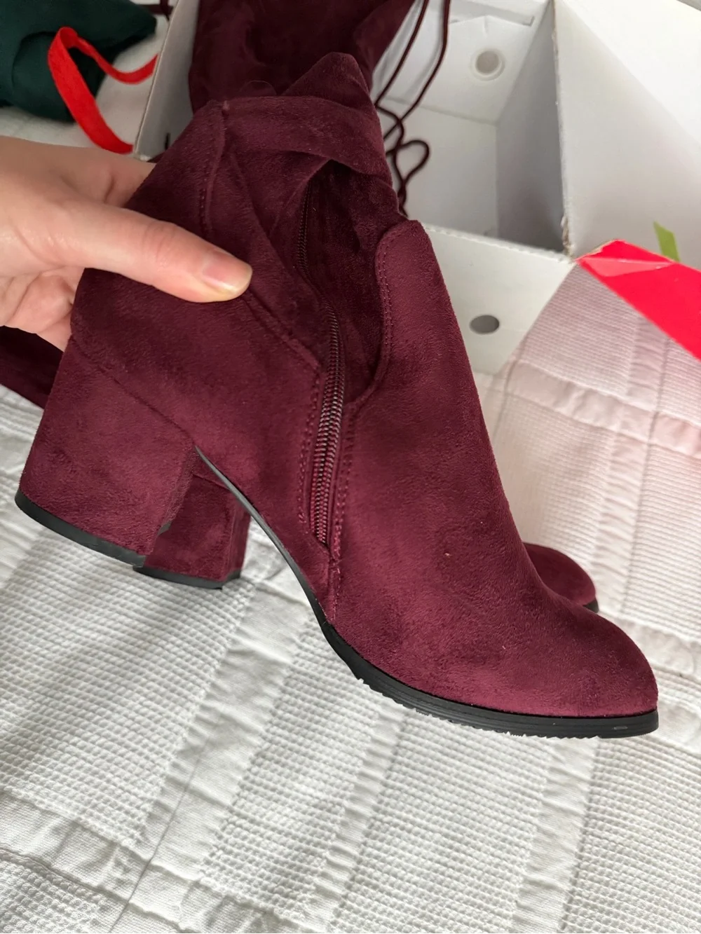 Laurence Faux Suede Over-the-Knee Boots Lace Back US 9 Burgundy Zip Closure